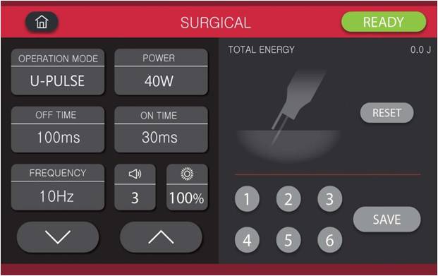 Écran intuitif de la marque Hestia permettant de paramétrer tous les aspects en mode chirurgical (énergie, mode d'émission, forme et taille du faisceau, fréquence, overlapping…) pour les médecins dermatologues, chirurgiens et ORL.